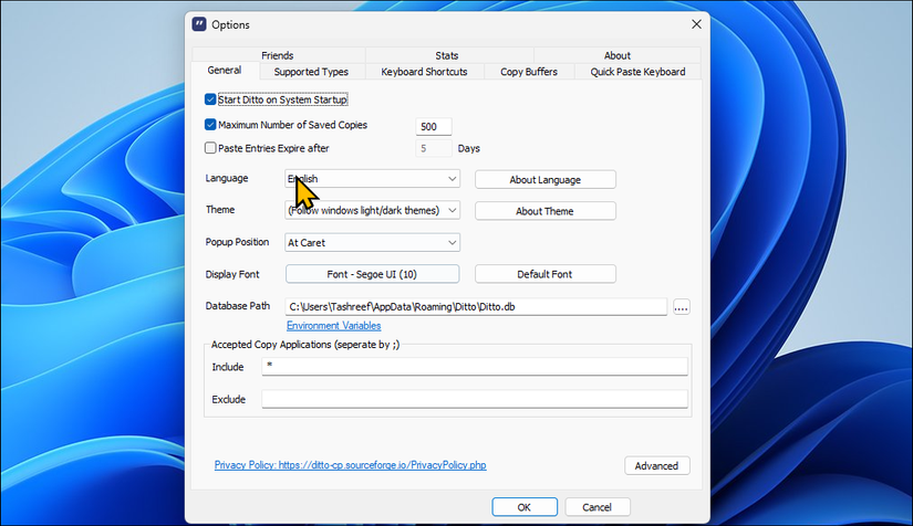 مربع حوار خيارات مدير الحافظة Ditto على نظام التشغيل Windows 11