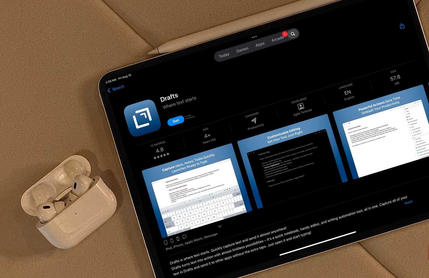 Drafts App store page displayed on an iPad