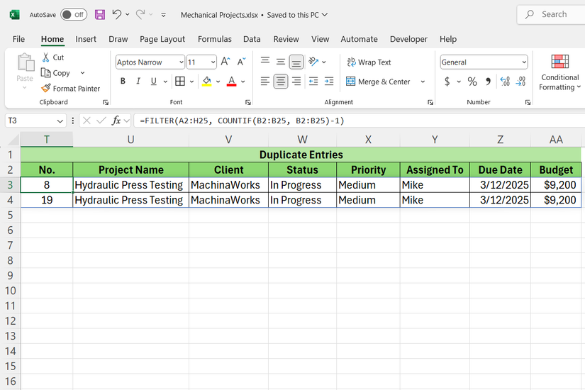 Duplicate entries filtered in Excel for Mechanical projects.