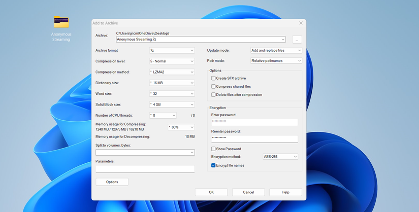 إضافة كلمة مرور للملف باستخدام 7-Zip