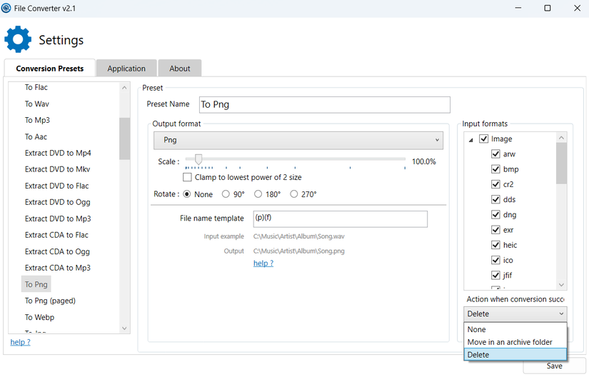 File Converter app settings on Windows