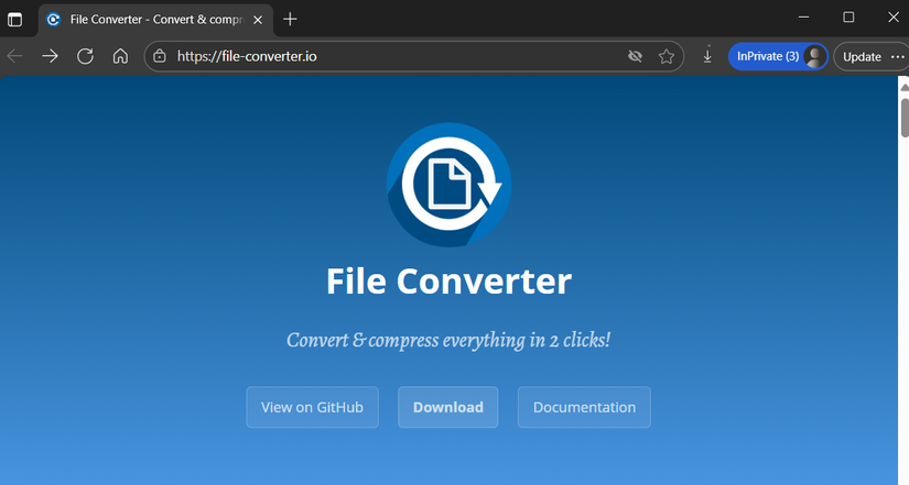 الصفحة الرئيسية لموقع File Converter مفتوحة في متصفح Edge