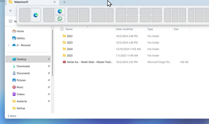 نافذة مستكشف الملفات تعرض خيارات تخطيط Snap