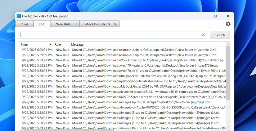 File Juggler app showing log tab on PC