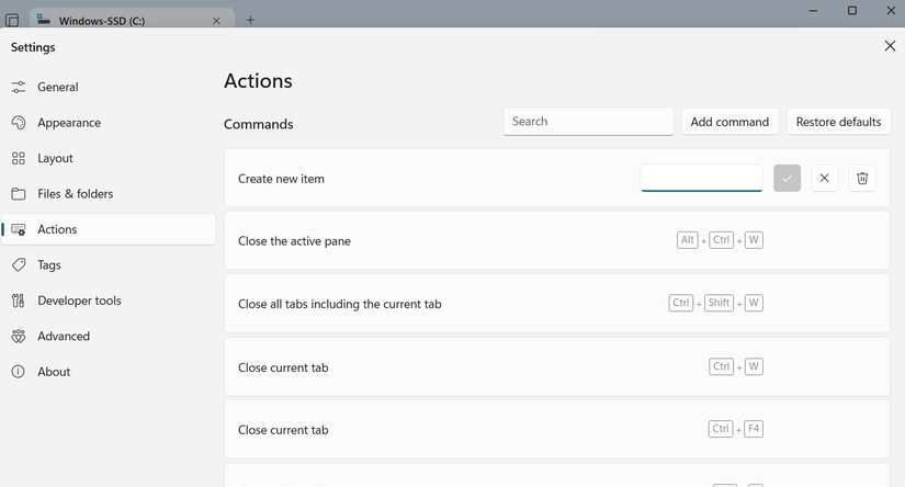 Files app action settings menu