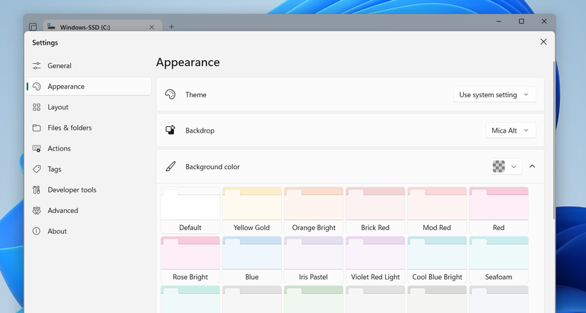 Files app appearance settings on PC