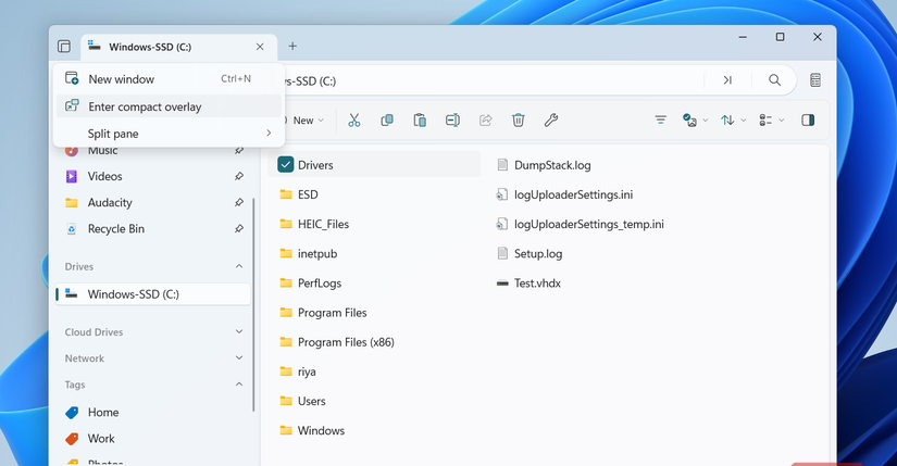 تطبيق الملفات يعرض خيار التراكب المضغوط