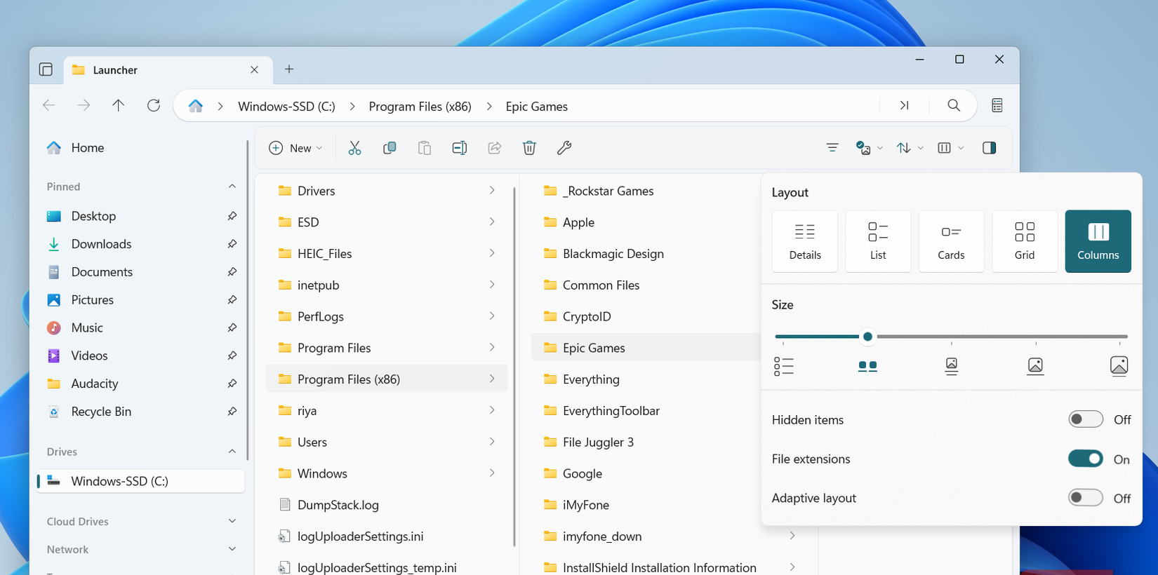 تطبيق الملفات مع عرض الأعمدة على جهاز الكمبيوتر