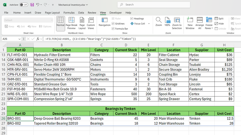 دالة FILTER في Excel تعرض بيانات محامل بواسطة Timken.