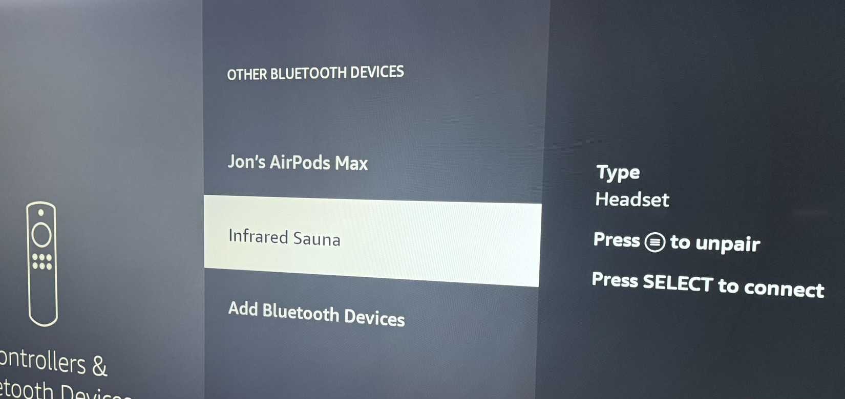 Fire TV Controllers & Bluetooth Devices Menu