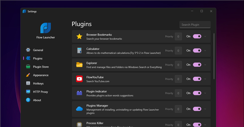 Flow Launcher settings window displaying plugin tab