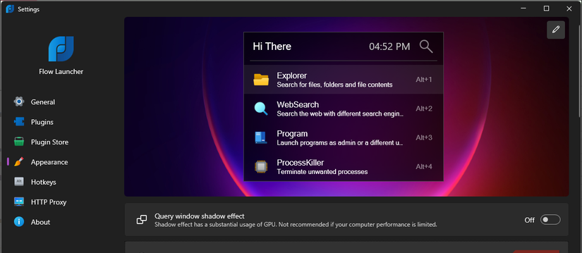Flow Launcher settings window showing the Appearance tab with theme options and a preview of the launcher interface