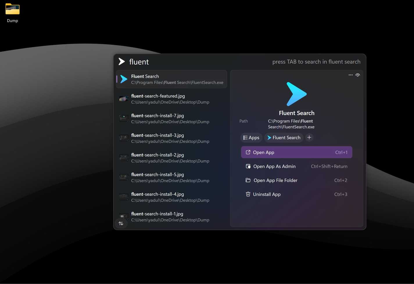 Fluent Search app running on a Windows 11 PC. 