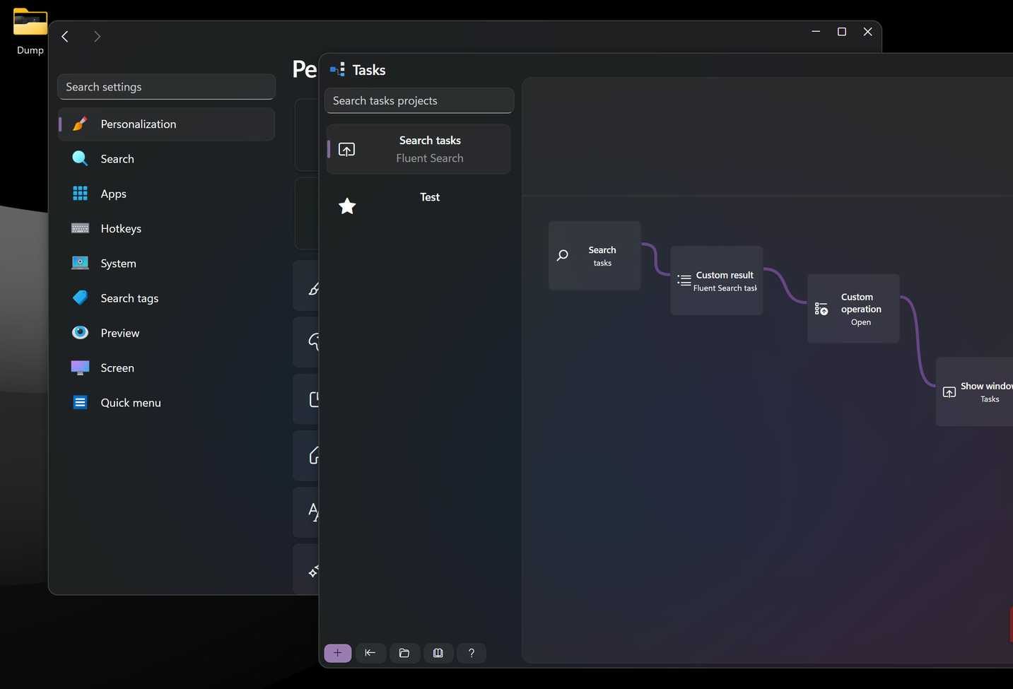 نافذة إنشاء المهام في Fluent Search.
