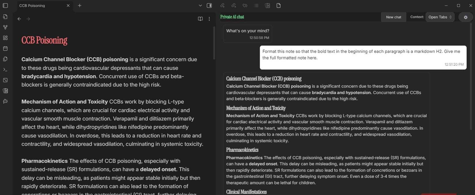 تنسيق ملاحظة في Obsidian باستخدام PrivateAI