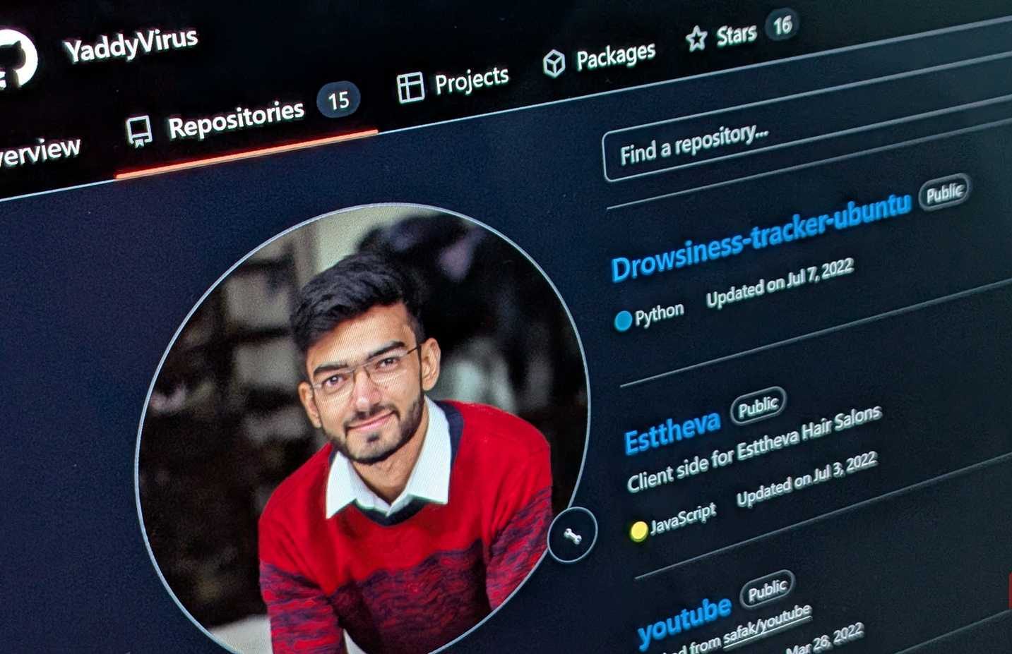 A GitHub account showing multiple repositories. 
