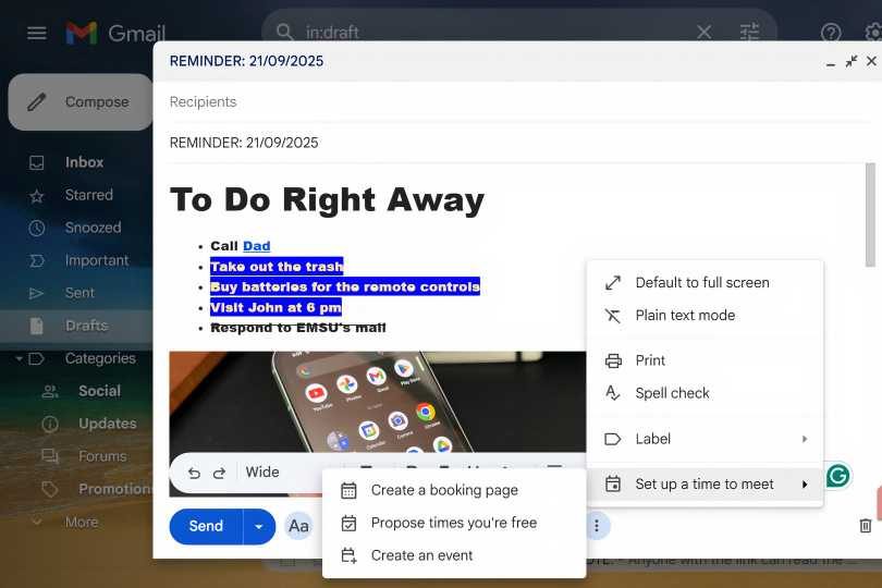 مسودة في Gmail مع قائمة 'مهام فورية' وخيارات القائمة مفتوحة.