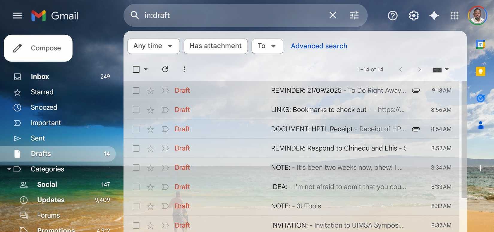 Gmail drafts folder with several saved drafts.