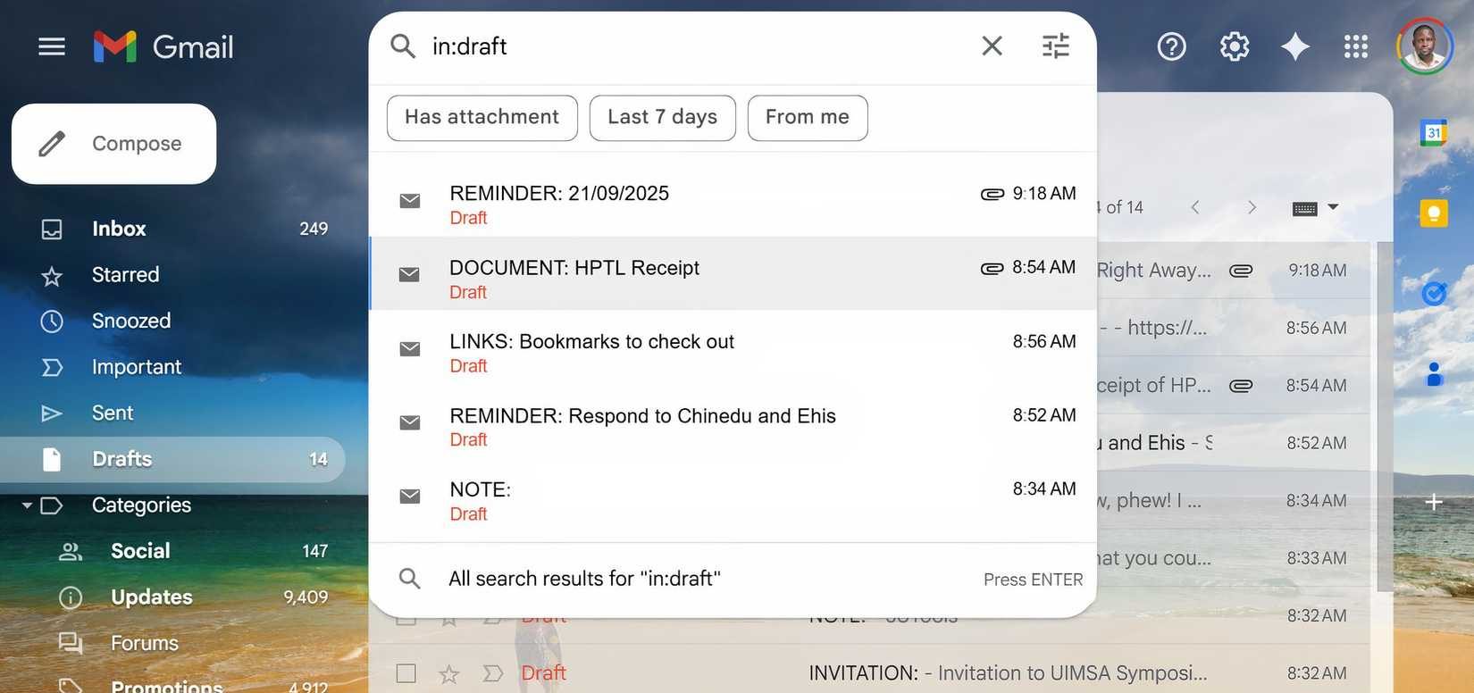 Gmail drafts search results.