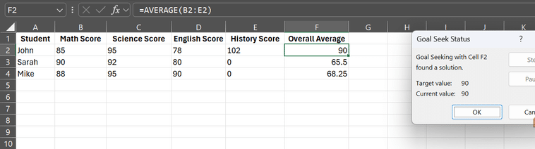 البحث عن الهدف مع الخلية F2 في Microsoft Excel.