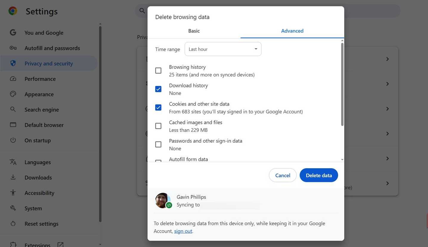 google chrome delete browser cookies and other data.