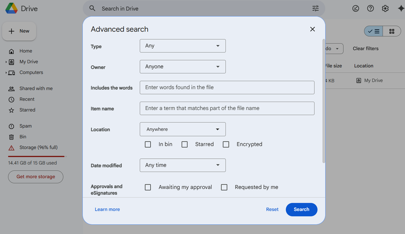 Google Drive Advanced Search menu