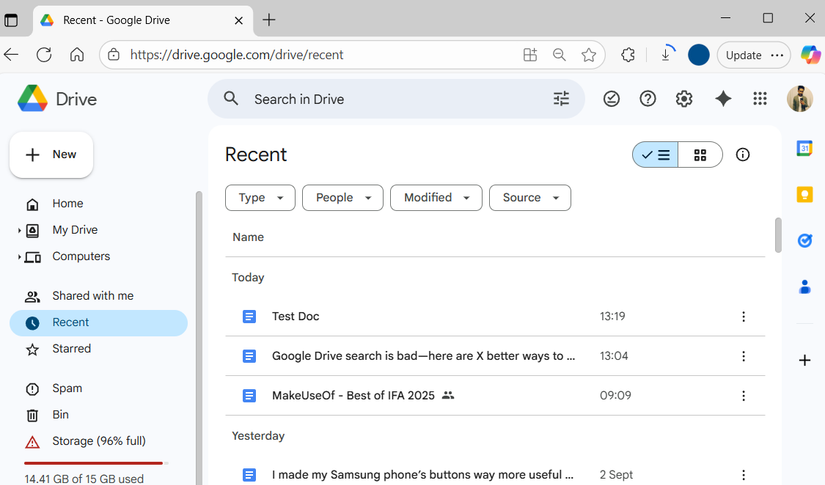 Google Drive Recents tab