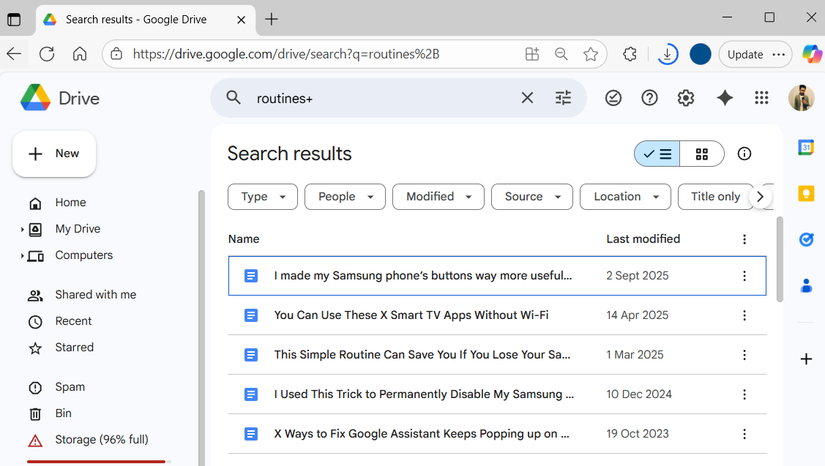 Google Drive showing search results