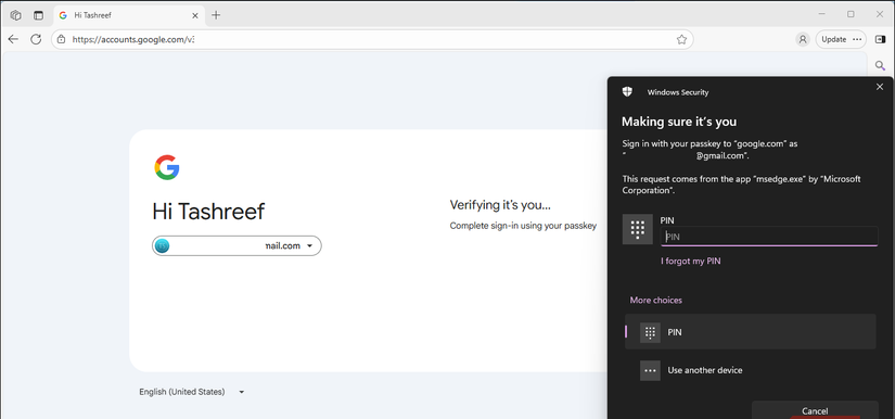 شاشة تسجيل الدخول إلى Google تطلب مفتاح المرور