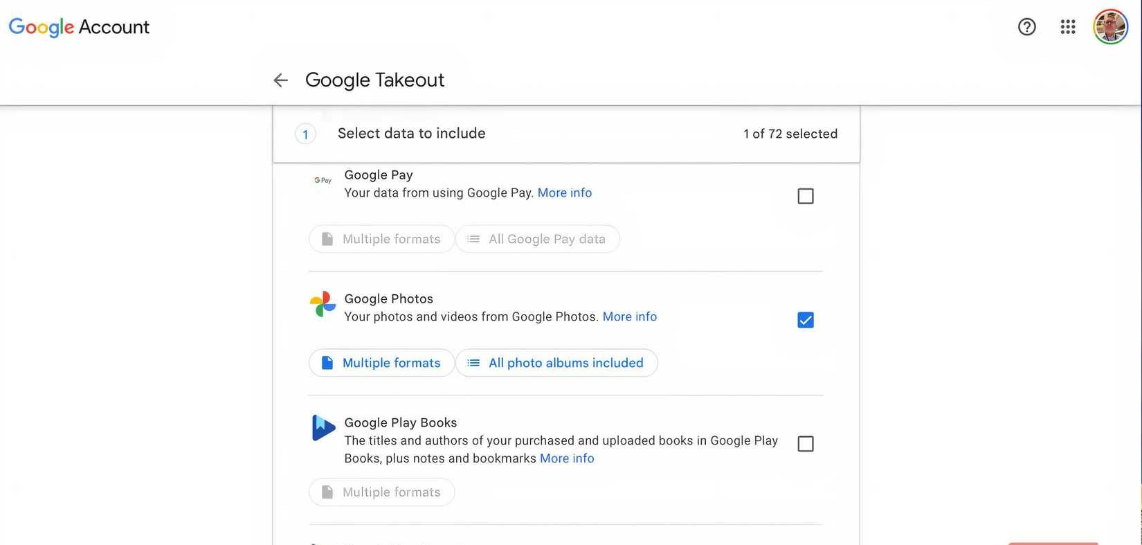 مثال على Google Takeout يظهر في متصفح على جهاز Mac.
