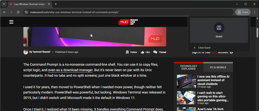 ملف تعريف الضيف مفتوح في Google Chrome