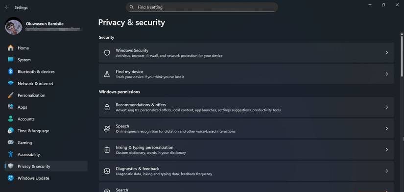 Privacy & security page in Windows 11 Settings