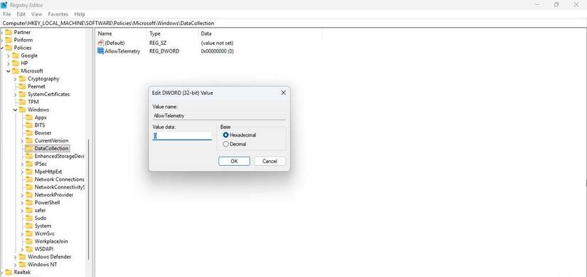 Registry editor in Windows 11