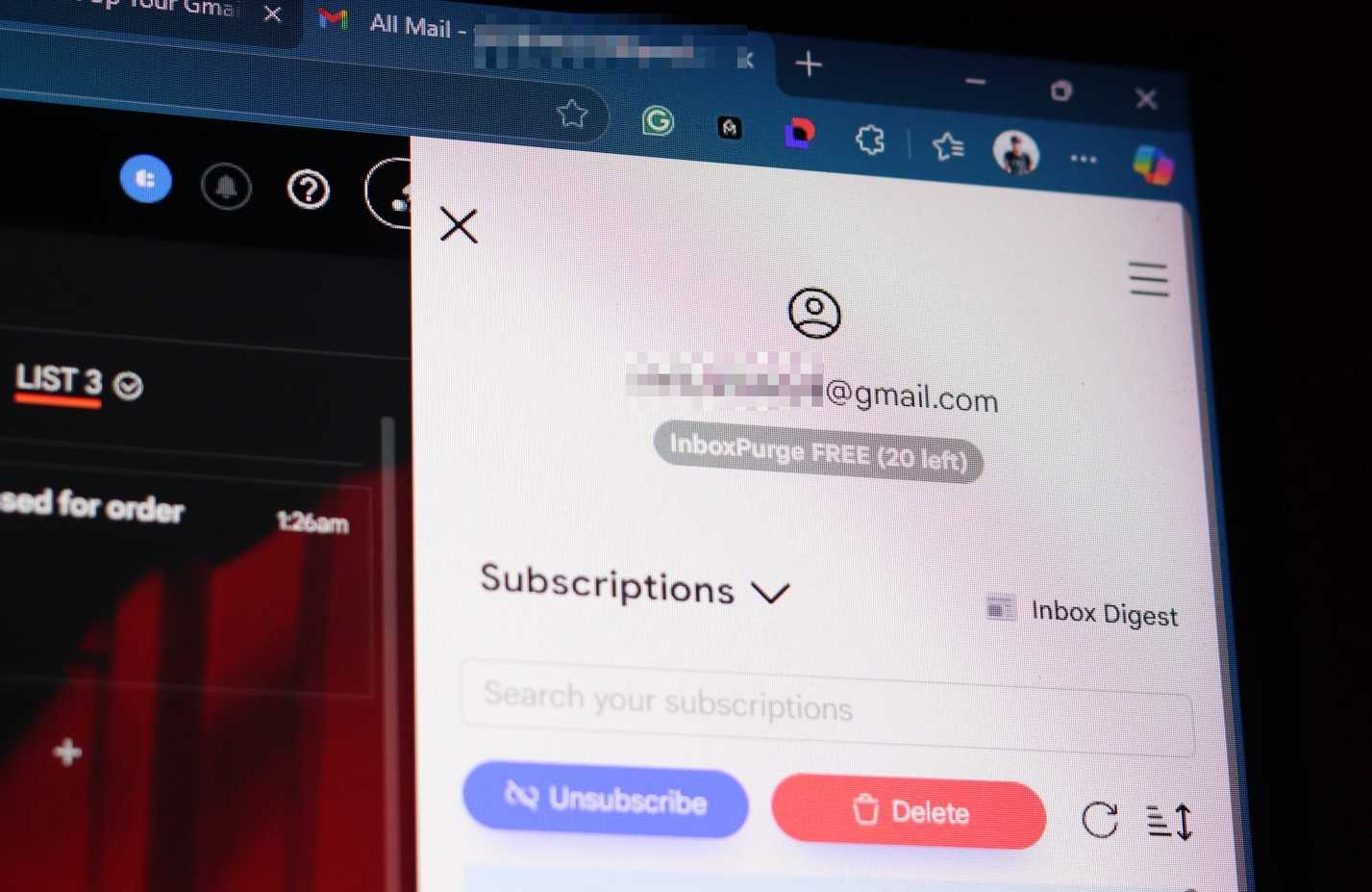 InboxPurge Extension running on Gmail.