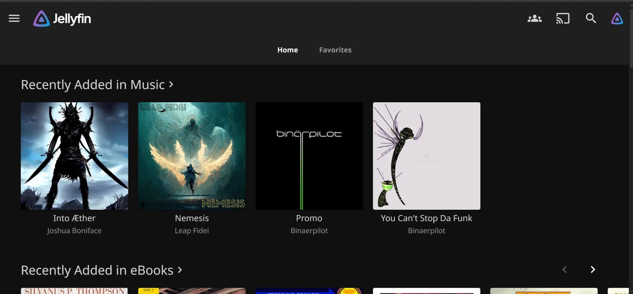 الشاشة الرئيسية التجريبية لـ Jellyfin مع تحديدات موسيقية عشوائية.