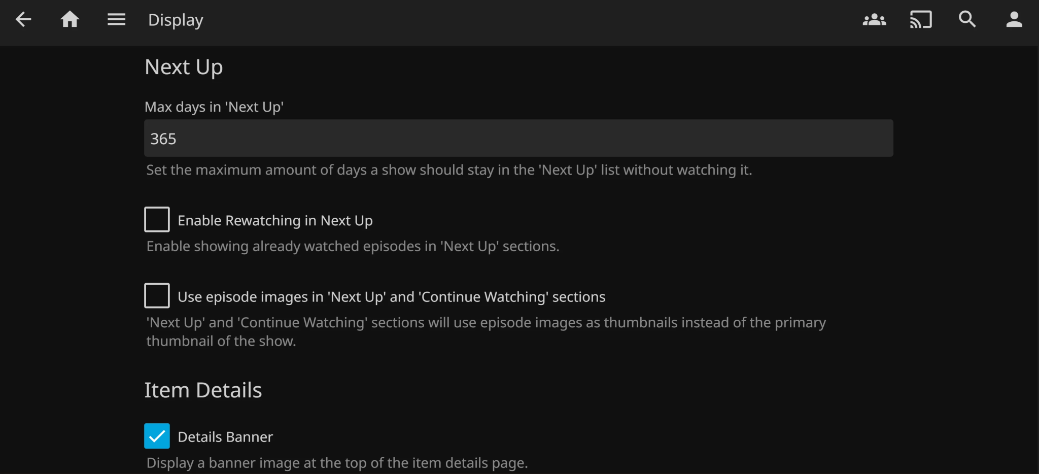 خيارات صفحة العرض في Jellyfin.