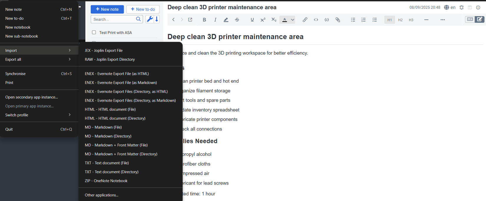 خيارات الاستيراد والتصدير في Joplin