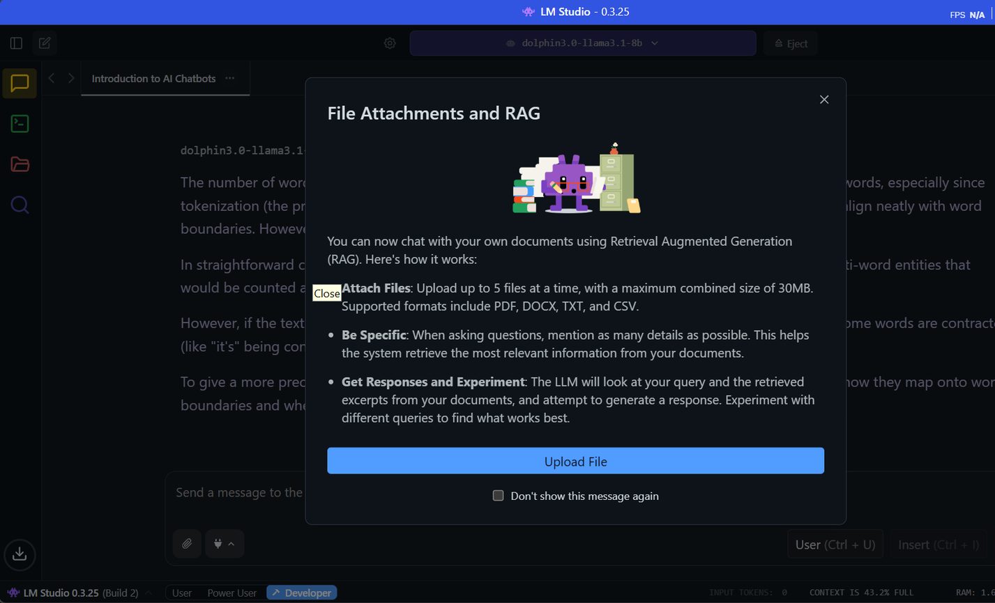 LM Studio provides file attachment and RAG capabilities