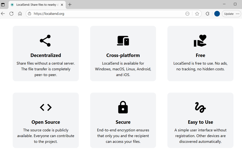 LocalSend website showing features
