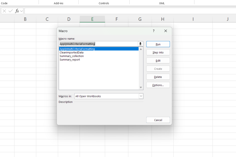 قائمة وحدات الماكرو في Excel.