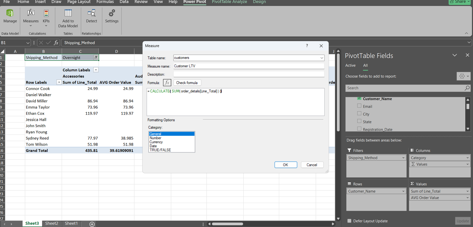 استخدام صيغة DAX مخصصة لحساب القيمة الدائمة للعميل