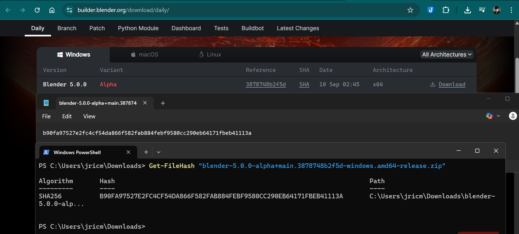 مقارنة بصمة الملف الذي تم تنزيله مع بصمة الملف الأصلية المقدمة