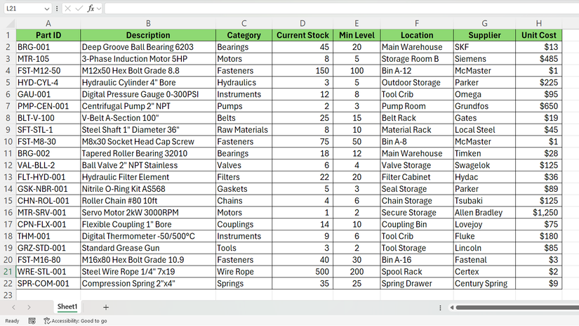 جدول جرد ميكانيكي في Excel.