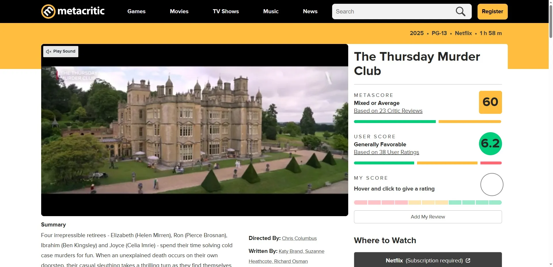 صفحة تقييم فيلم Thursday Murder Club على موقع Metacritic