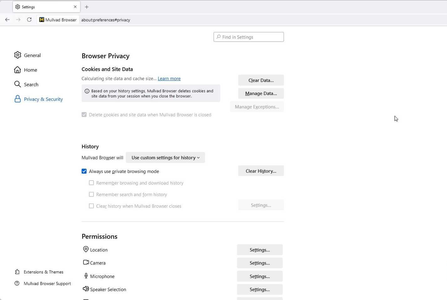 إعدادات خصوصية متصفح Mullvad