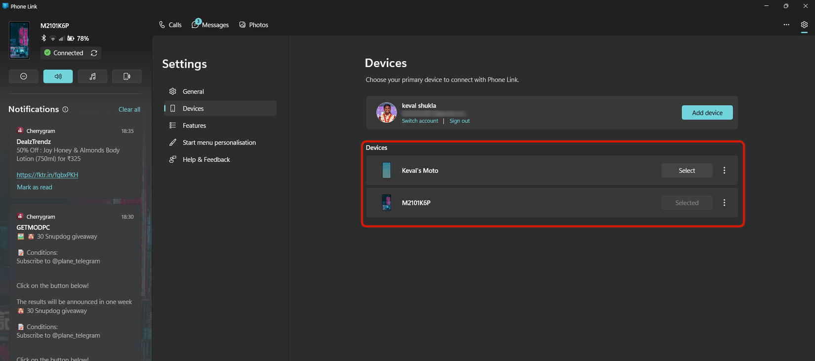 الأجهزة المتعددة المتصلة في إعدادات تطبيق Phone Link مُحددة بمربع أحمر.