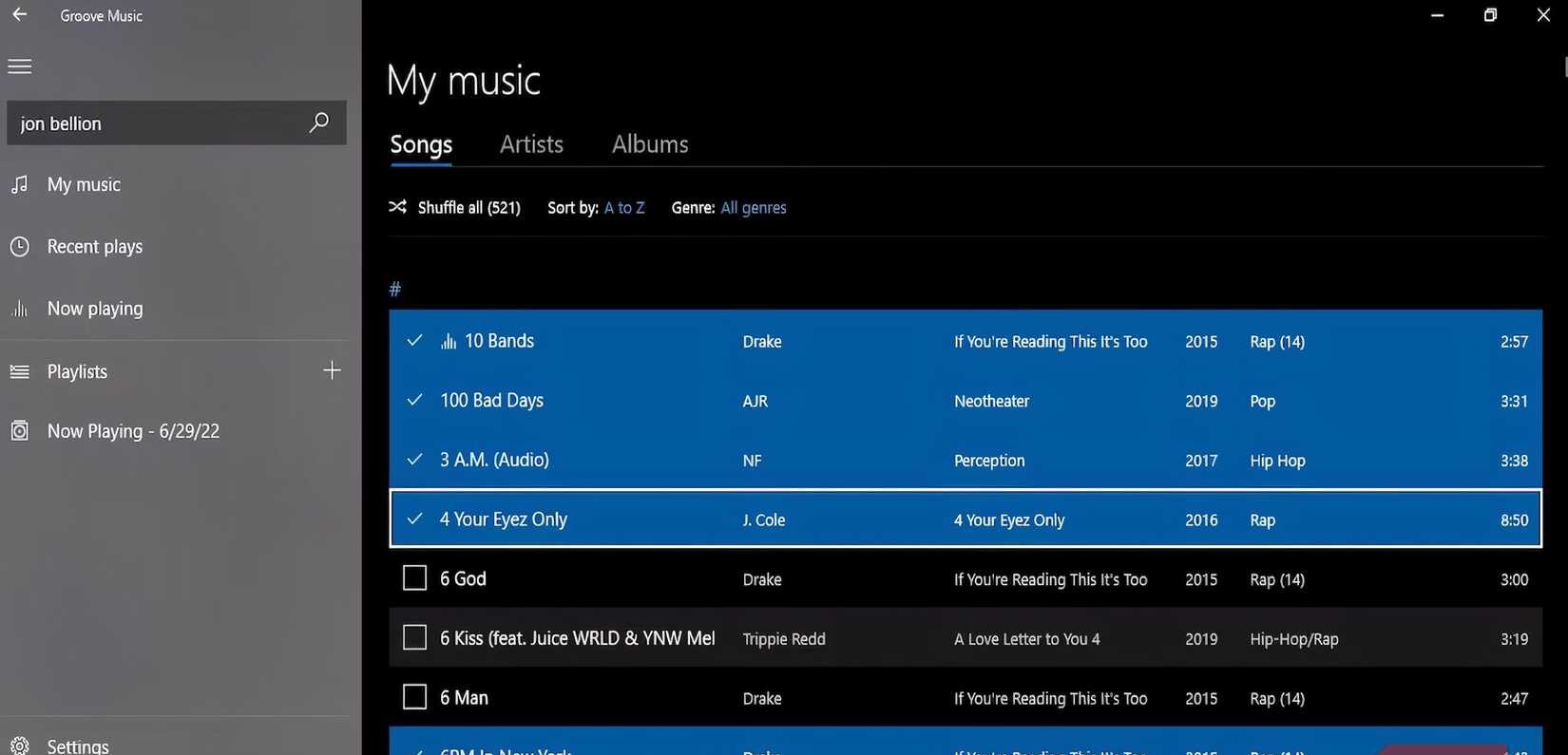 تم تحديد عدة أغانٍ في Groove Music.