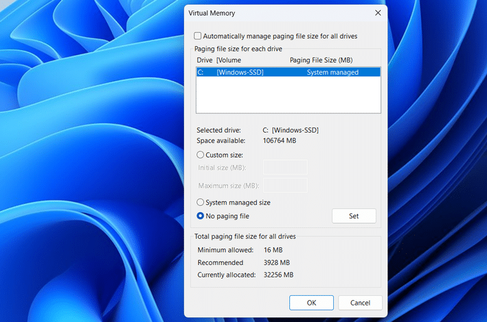 No paging file option in Windows 11