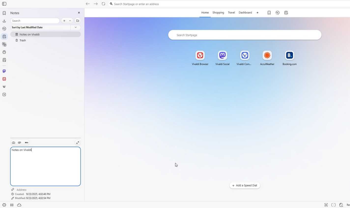 ملاحظات في اللوحة الجانبية لمتصفح Vivaldi
