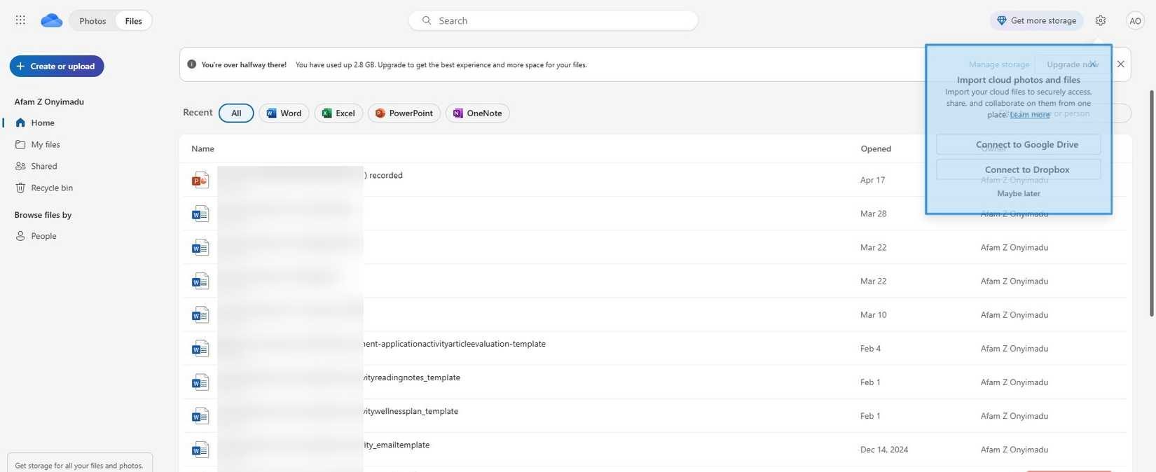 OneDrive cloud storage interface